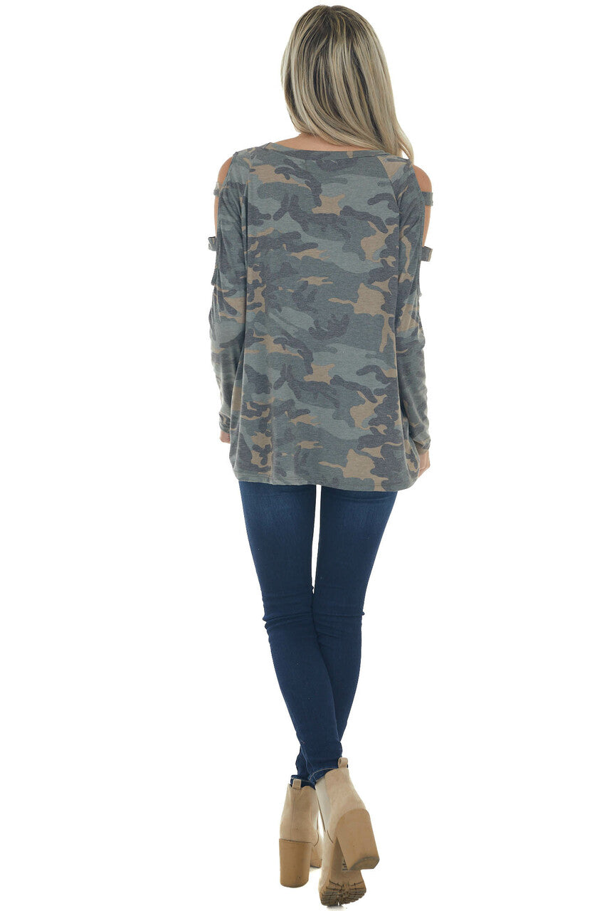 Olive Camo Raglan Sleeve Ladder Cut Out Top