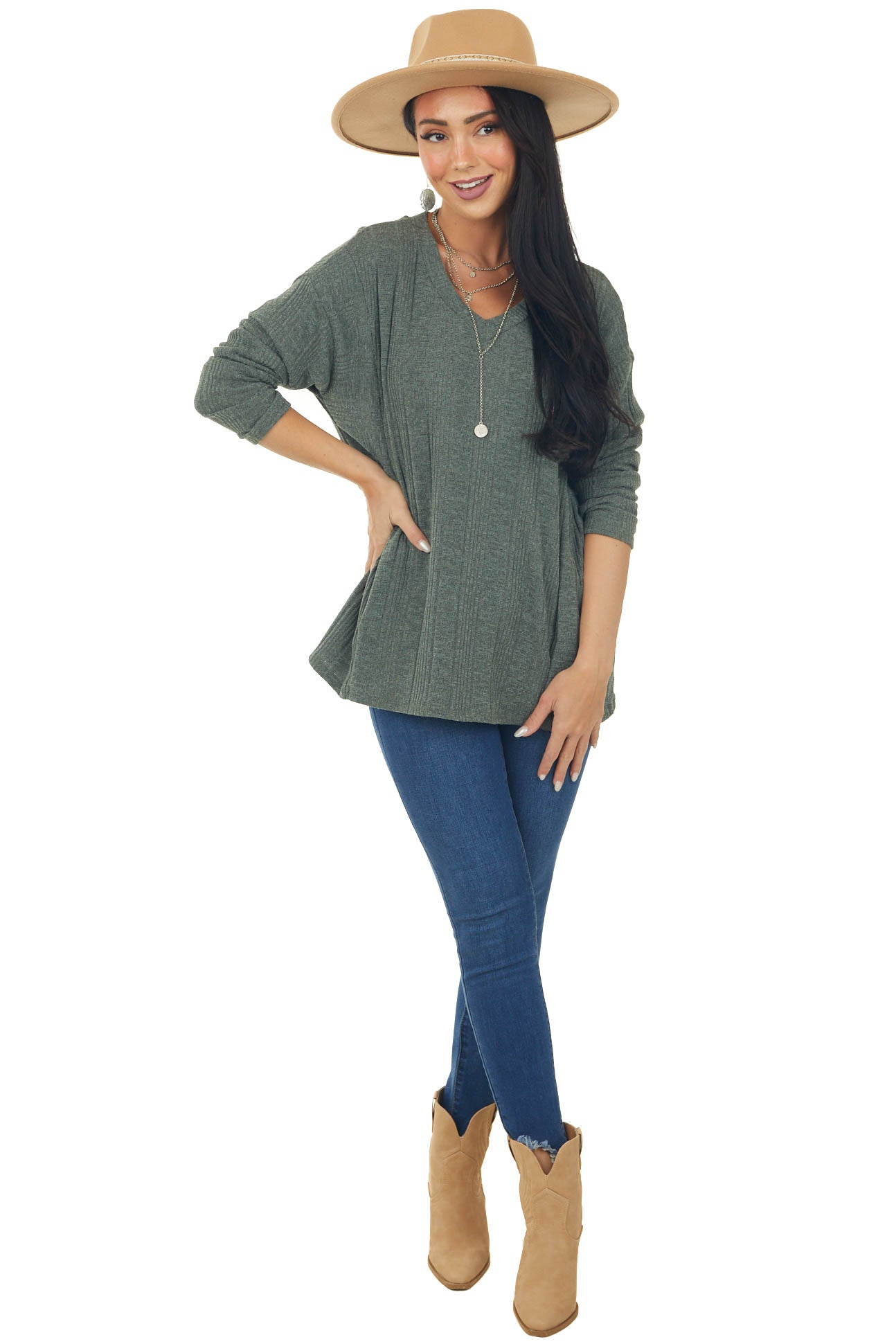 Olive Ribbed Knit Side Yoke Top with Pockets