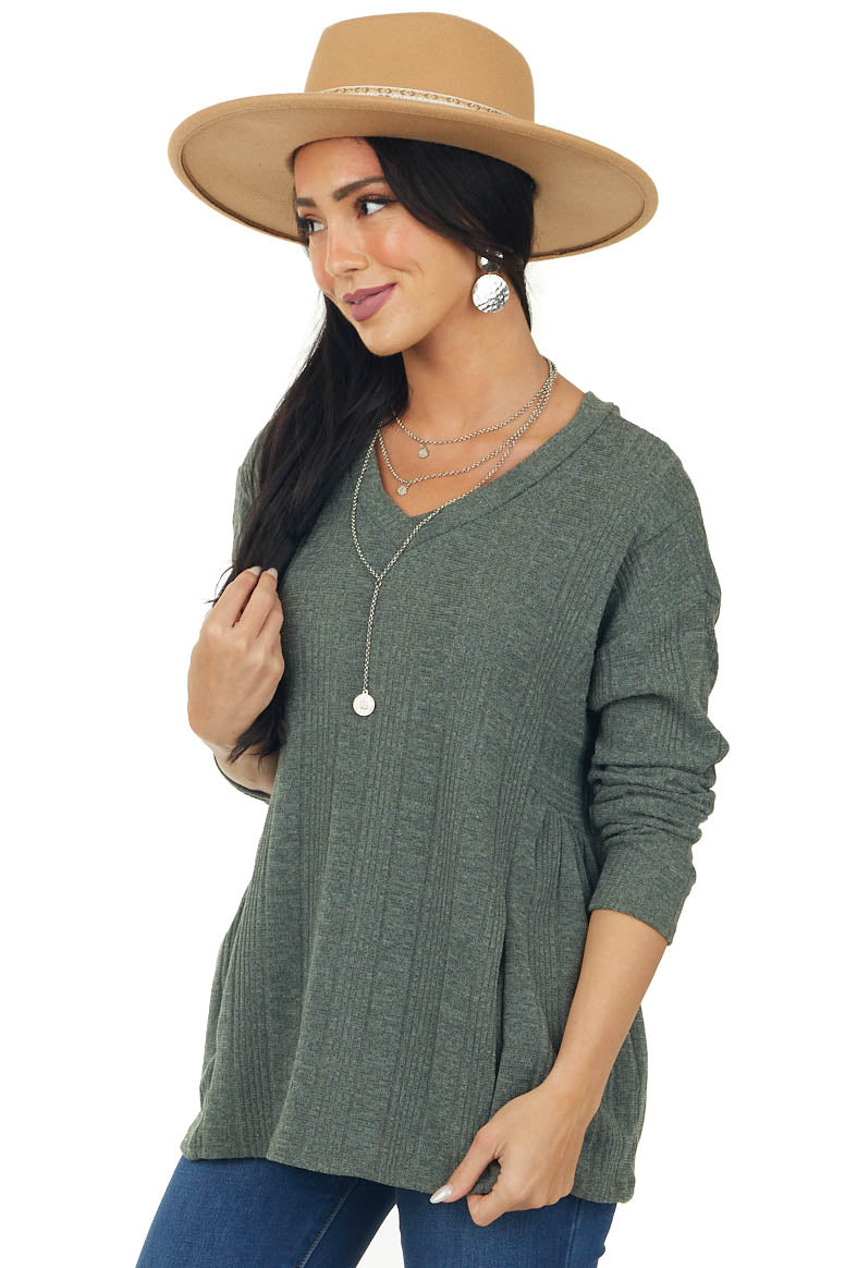 Olive Ribbed Knit Side Yoke Top with Pockets