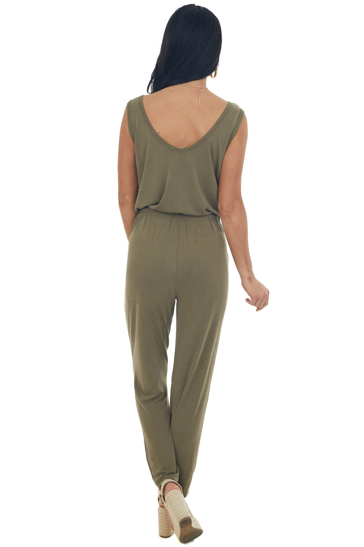 Olive Sleeveless Stretchy Knit Jumpsuit with Waist Tie