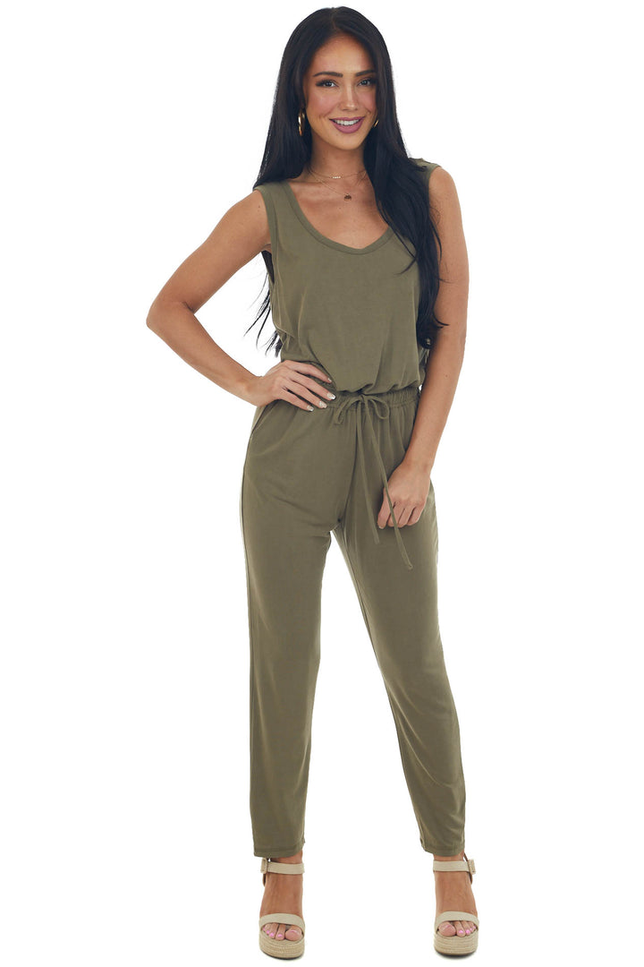 Olive Sleeveless Stretchy Knit Jumpsuit with Waist Tie