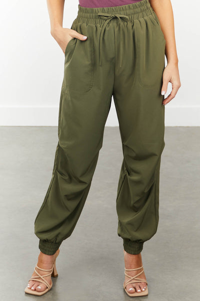 Olive Woven Drawstring Joggers with Pockets