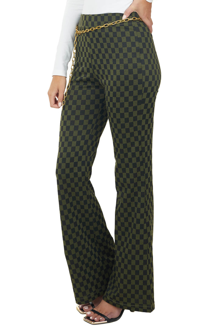 Olive and Black Checkered High Waisted Flare Pants