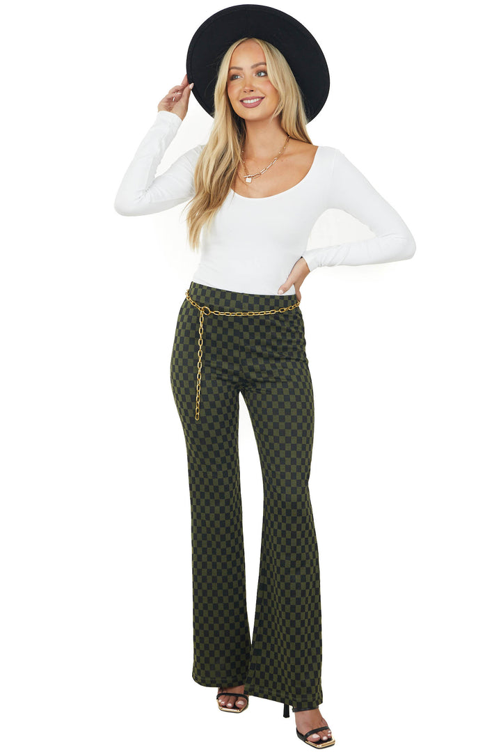 Olive and Black Checkered High Waisted Flare Pants