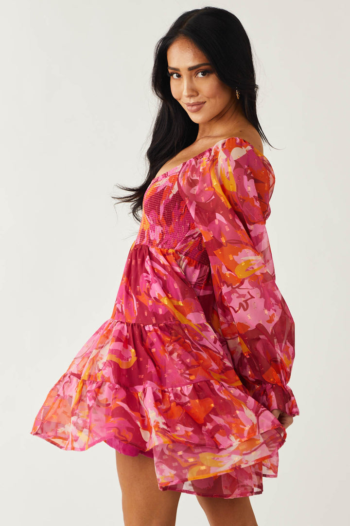Orchid Abstract Print Peasant Sleeve Mini Dress