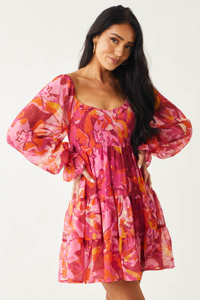 Orchid Abstract Print Peasant Sleeve Mini Dress