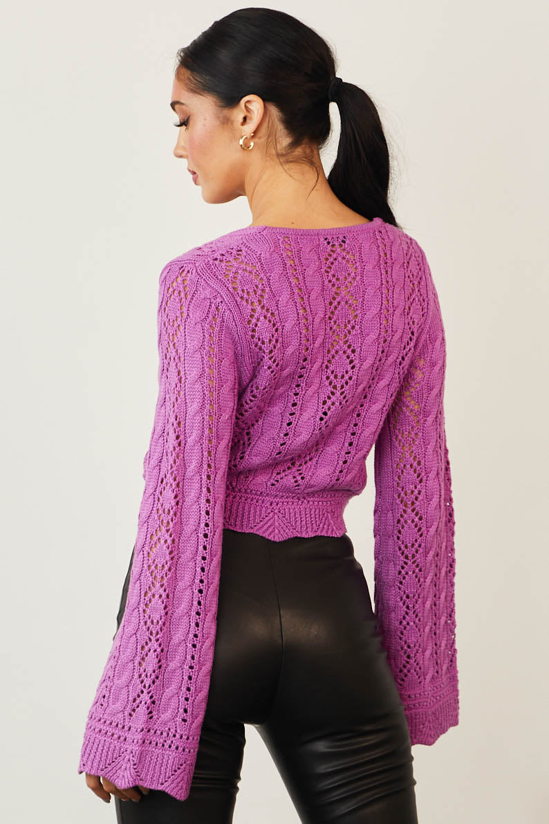 Orchid Cinched Bell Sleeve Cropped Knit Top