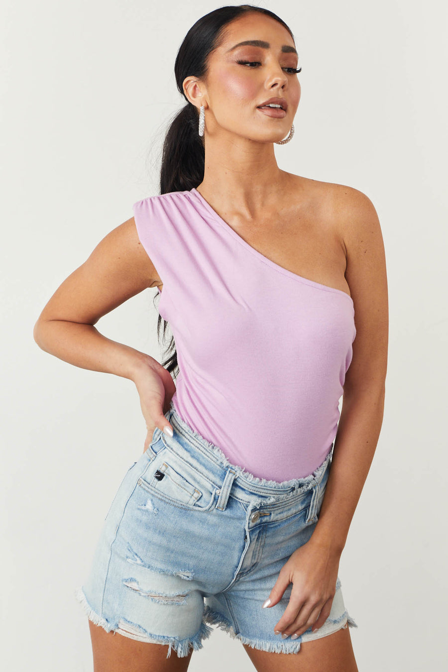 Orchid One Shoulder Side Ruched Knit Tank Top