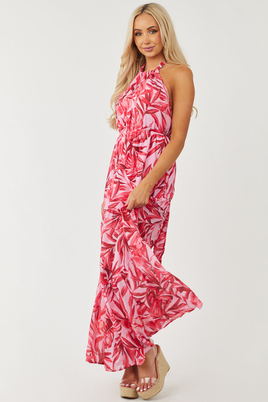 Orchid Tropical Print Halter Neck Maxi Dress & Lime Lush