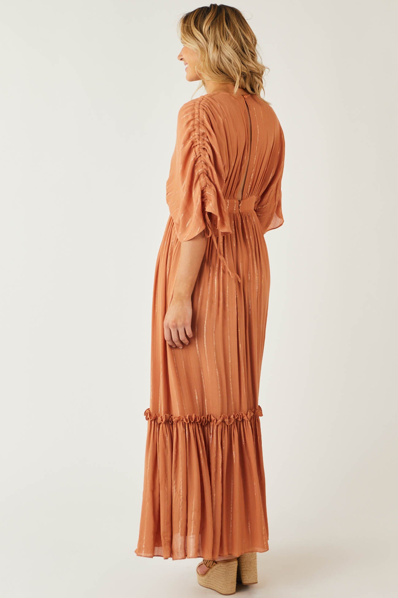 Pale Sandstone Metallic Threaded Woven Maxi Dress