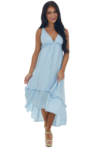 Pastel Blue Plunging V Neck Babydoll High Low Dress