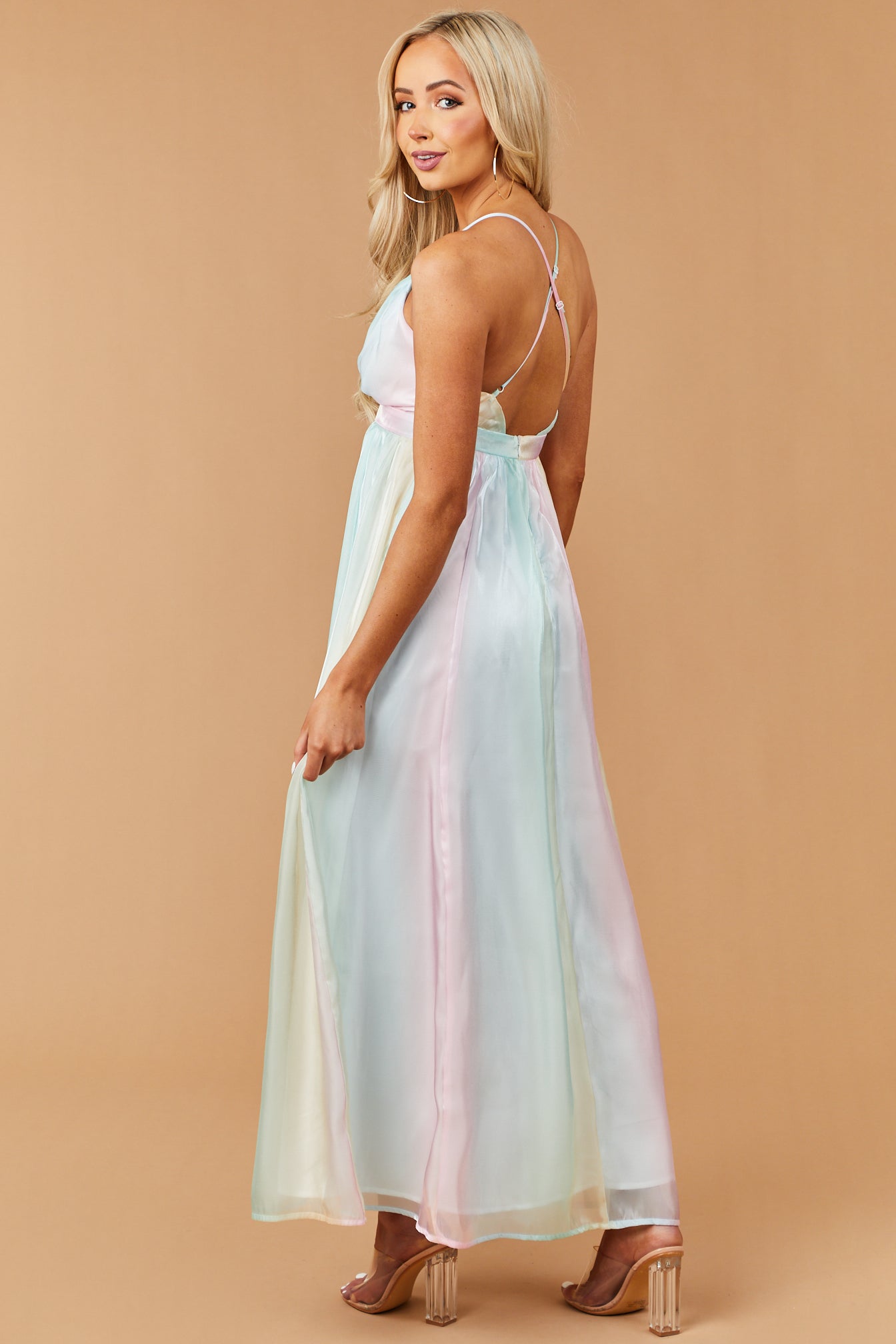 Pastel Rainbow Sleeveless Shimmery Maxi Dress