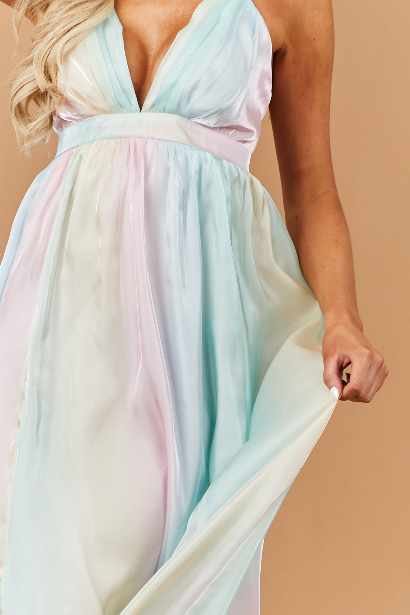 Pastel Rainbow Sleeveless Shimmery Maxi Dress