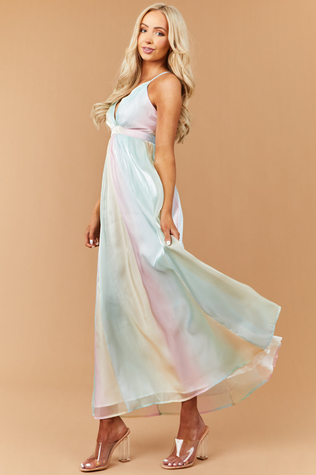 Pastel Rainbow Sleeveless Shimmery Maxi Dress & Lime Lush