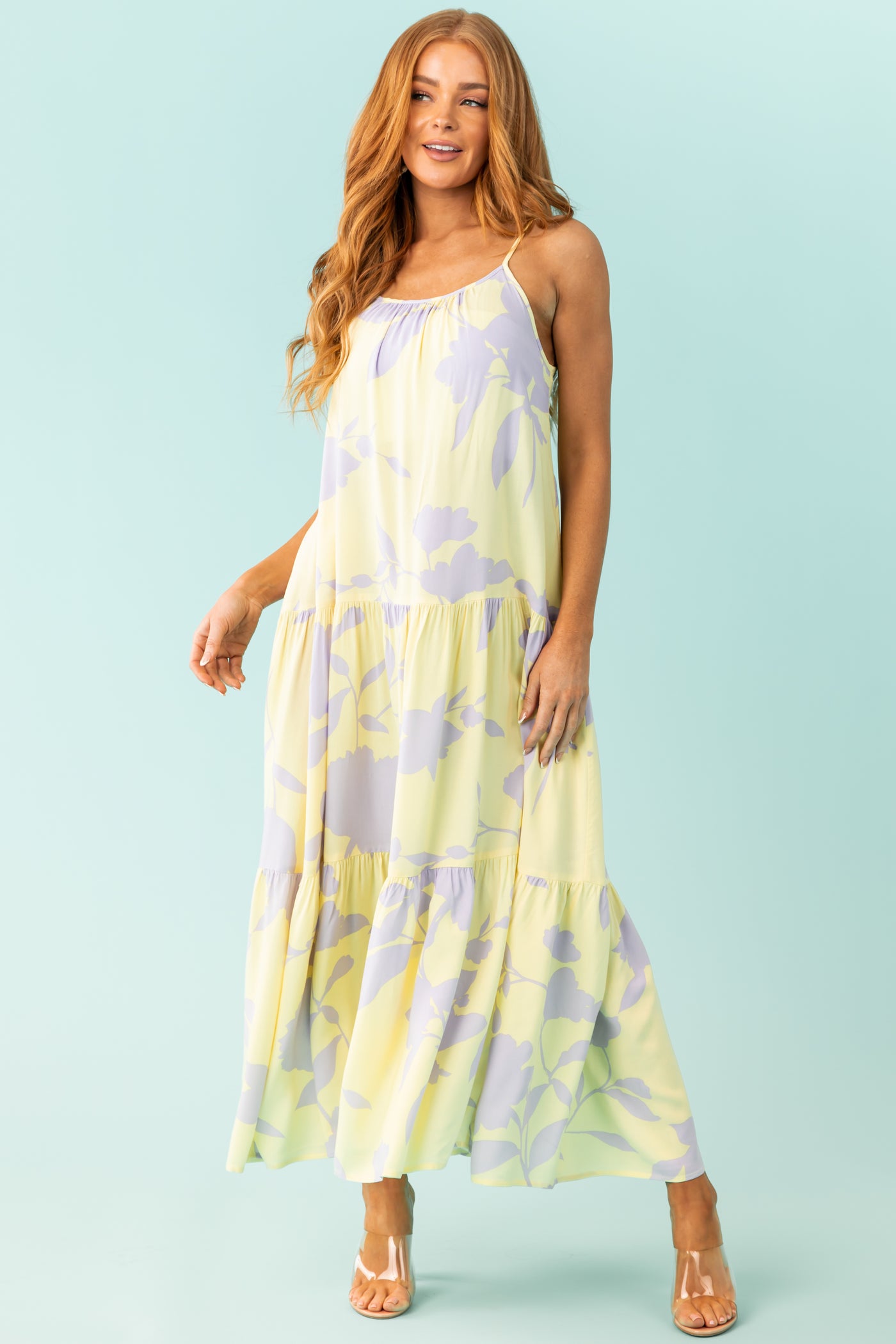 Pastel Yellow Floral Print Tiered Maxi Dress