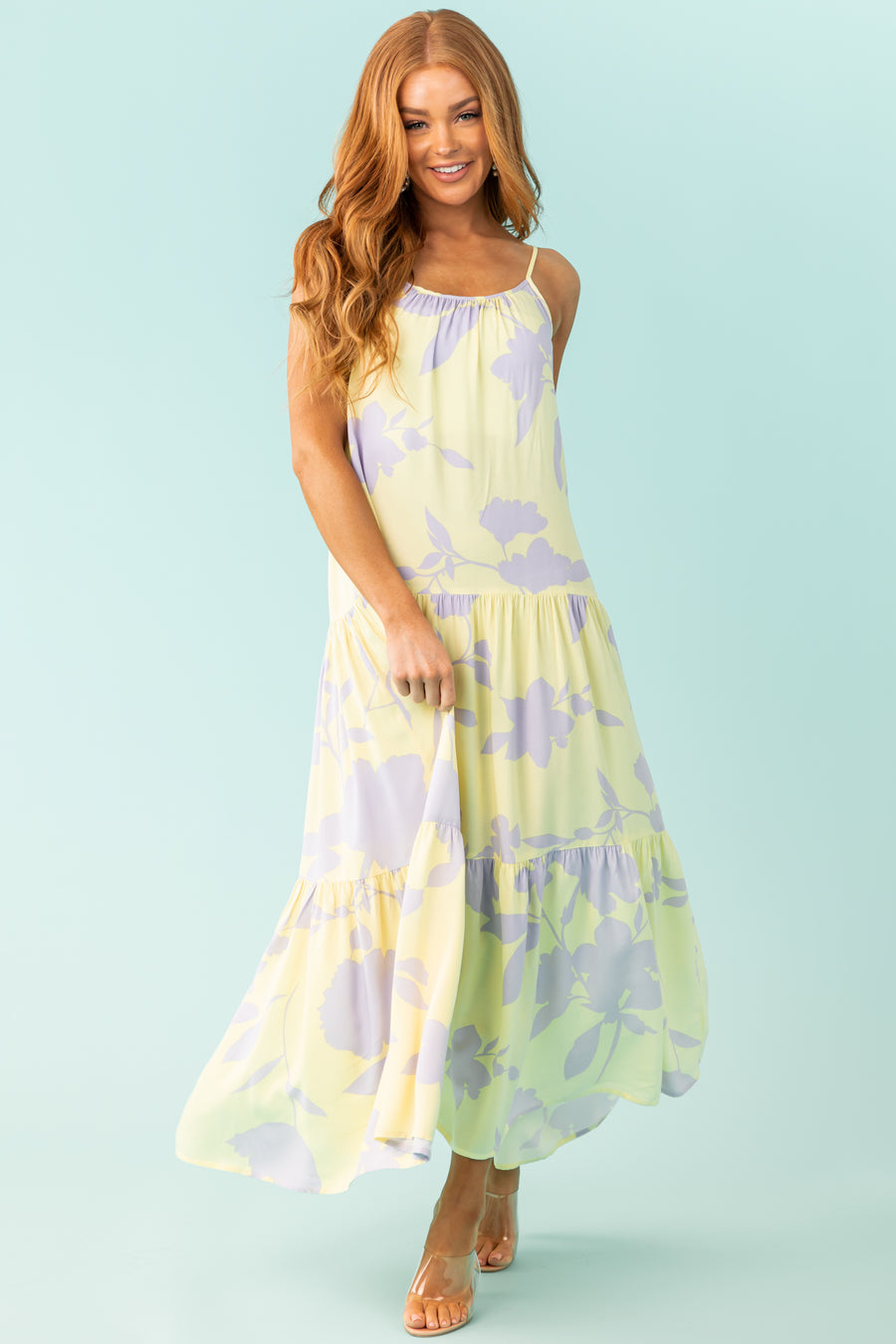 Pastel Yellow Floral Print Tiered Maxi Dress