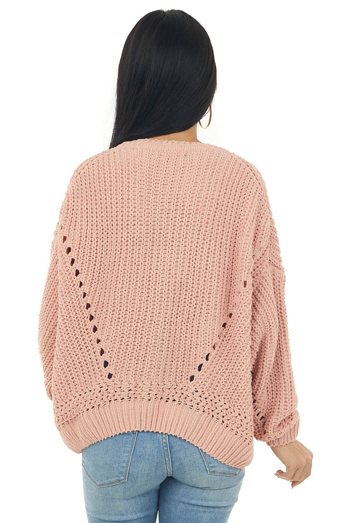 Peach Chenille Bubble Sleeve Cut Out Sweater
