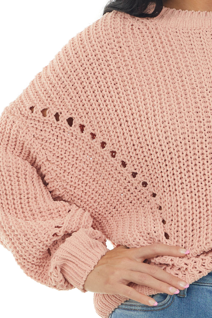 Peach Chenille Bubble Sleeve Cut Out Sweater