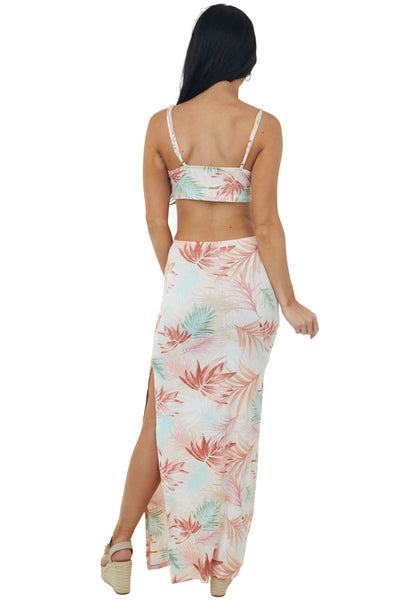 Peach Tropical Print Waist Cut Out Maxi Dress