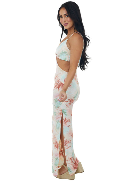 Peach Tropical Print Waist Cut Out Maxi Dress