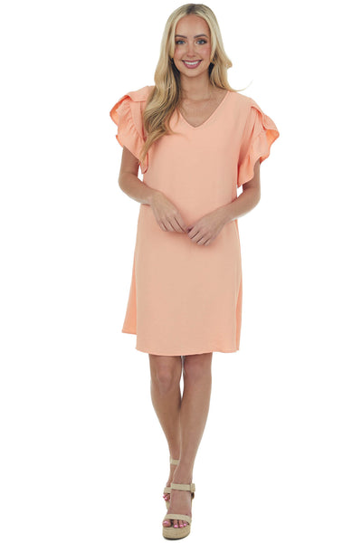 Peach V Neck Short Ruffle Sleeve Woven Dress