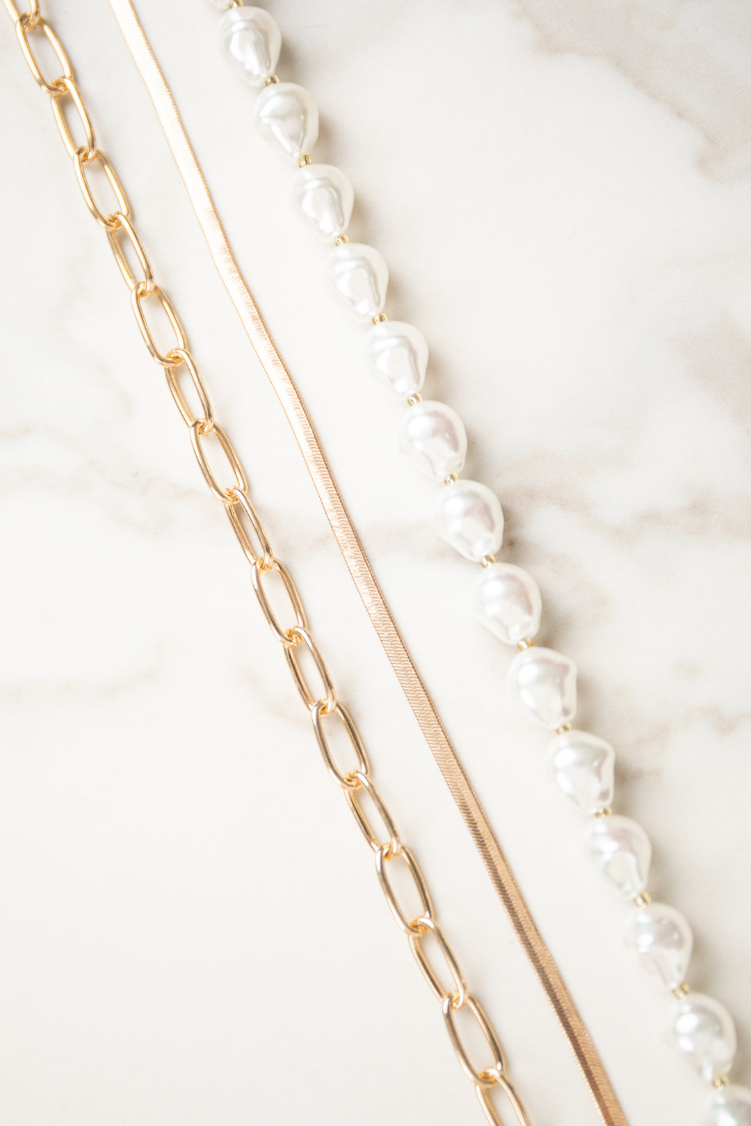 Pearl Bead and Gold Chain 3 Piece Necklace Set & Lime Lush