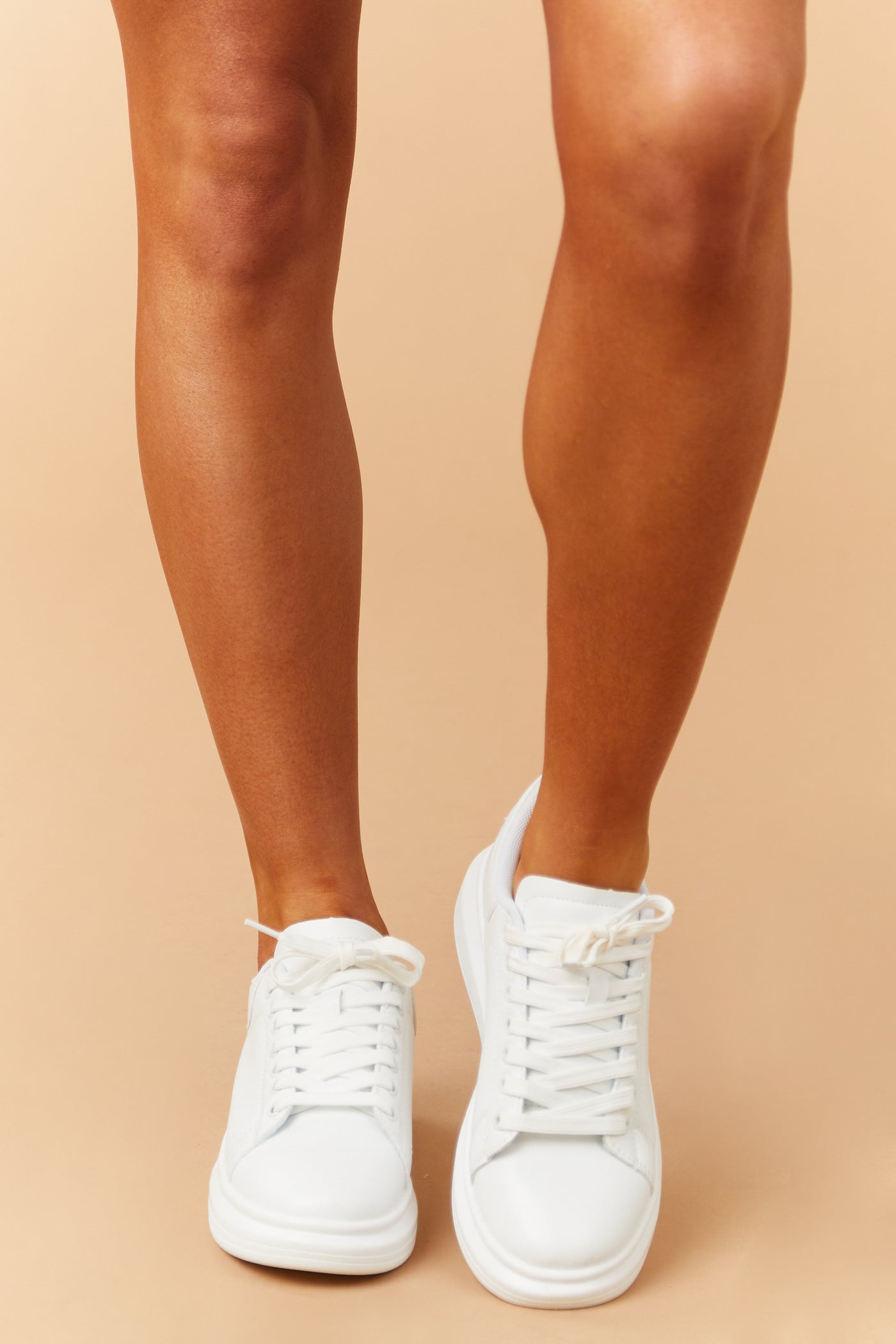 Pearl White Faux Leather Lace Up Chunky Sneakers
