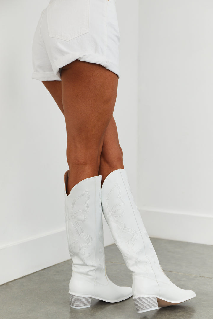 Pearl White Pointed Toe Knee High Western Boots