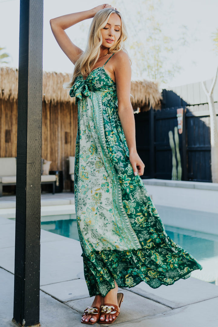 Pine Floral Sleeveless Front Tie Woven Maxi Dress
