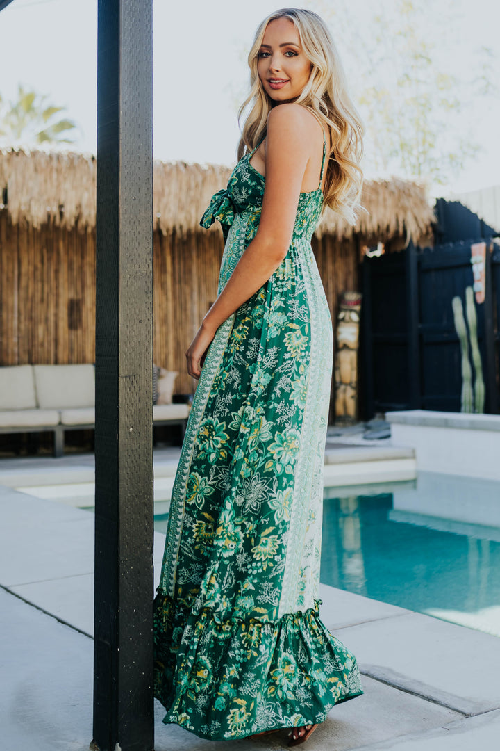Pine Floral Sleeveless Front Tie Woven Maxi Dress