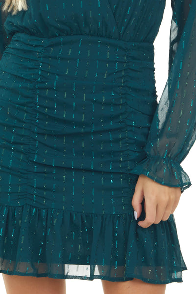 Pine Metallic Threaded Puff Sleeve Mini Dress