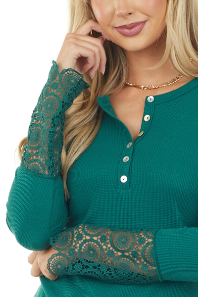 Pine Sheer Lace Cuff Thermal Knit Henley Top