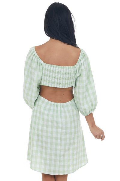 Pistachio Gingham Cut Out Puff Sleeve Dress