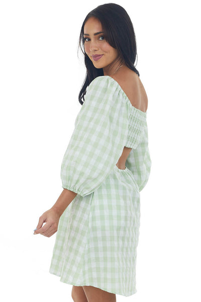 Pistachio Gingham Cut Out Puff Sleeve Dress