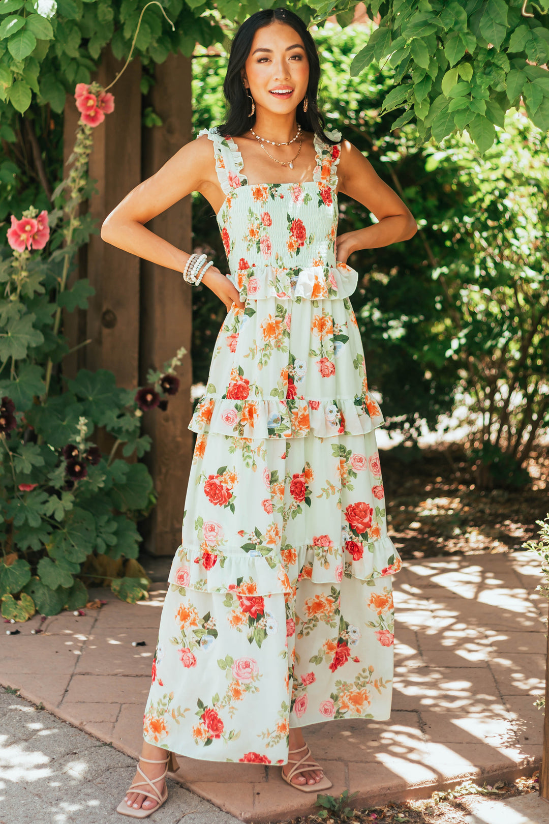 Pistachio Floral Print Ruffle Tiered Maxi Dress & Lime Lush