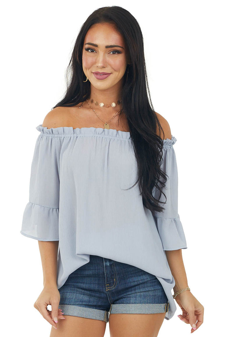 Powder Blue Off the Shoulder Ruffle Blouse