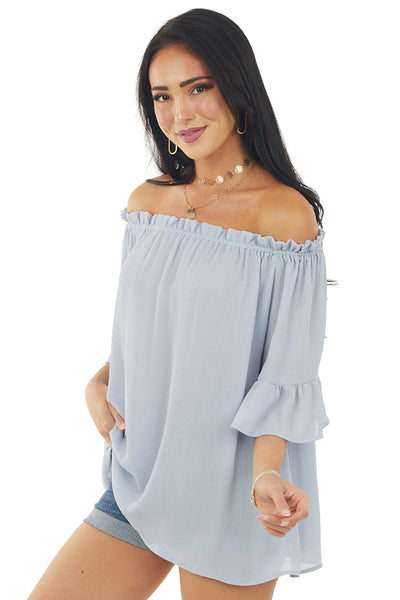 Powder Blue Off the Shoulder Ruffle Blouse
