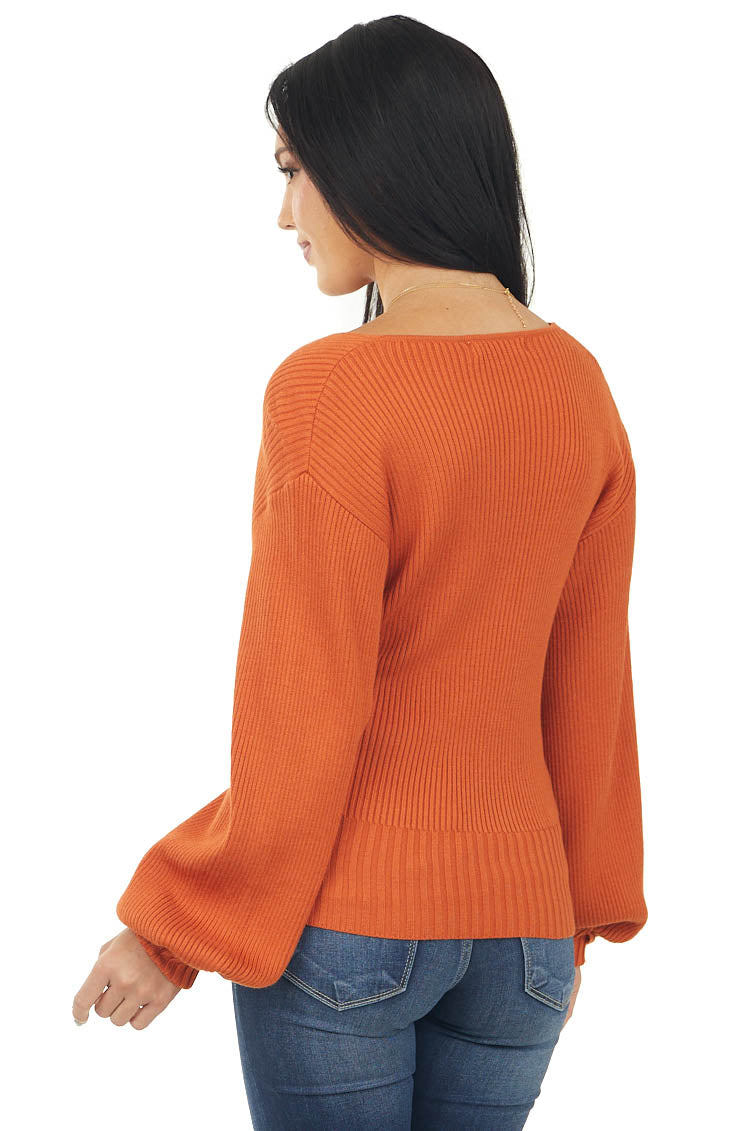 Pumpkin Surplice Long Sleeve Ribbed Knit Sweater