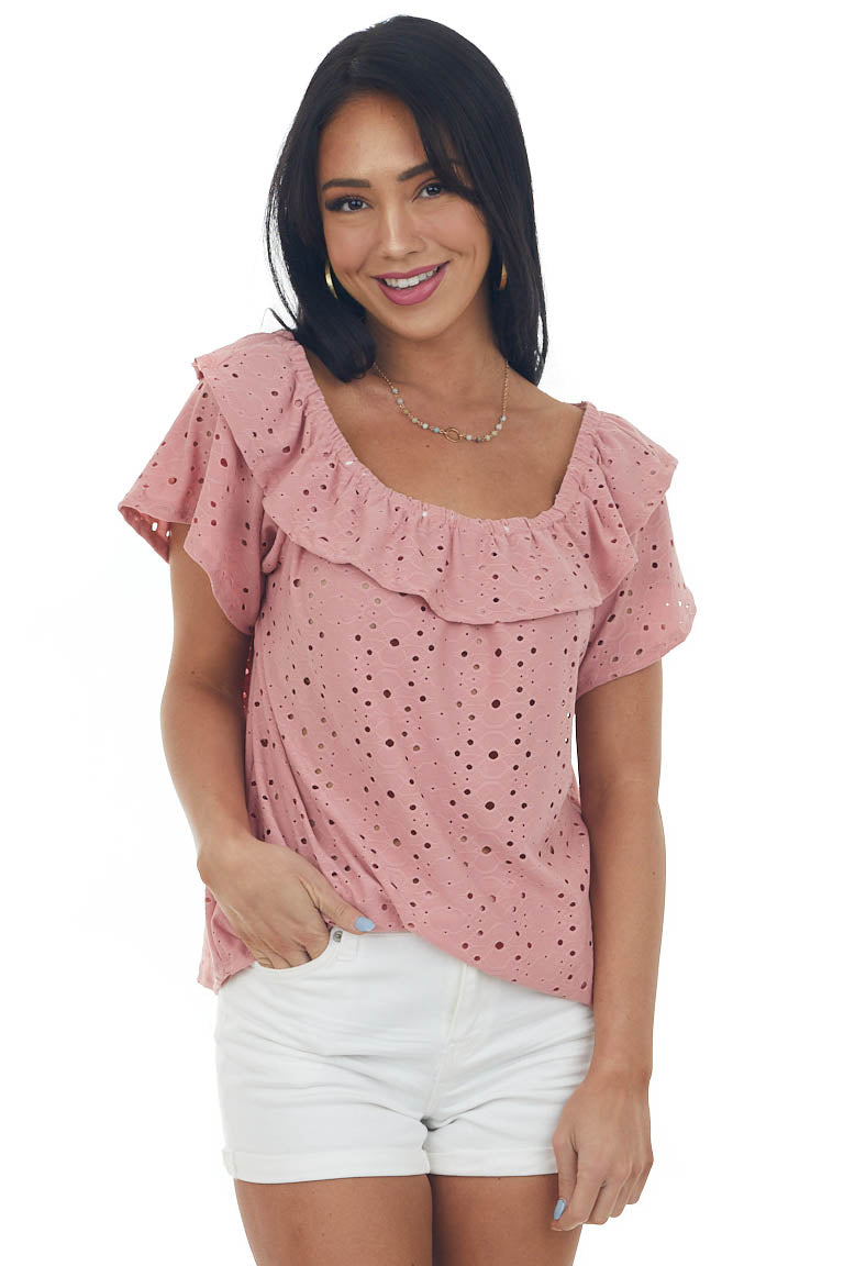 Punch Eyelet Off the Shoulder Flowy Knit Top