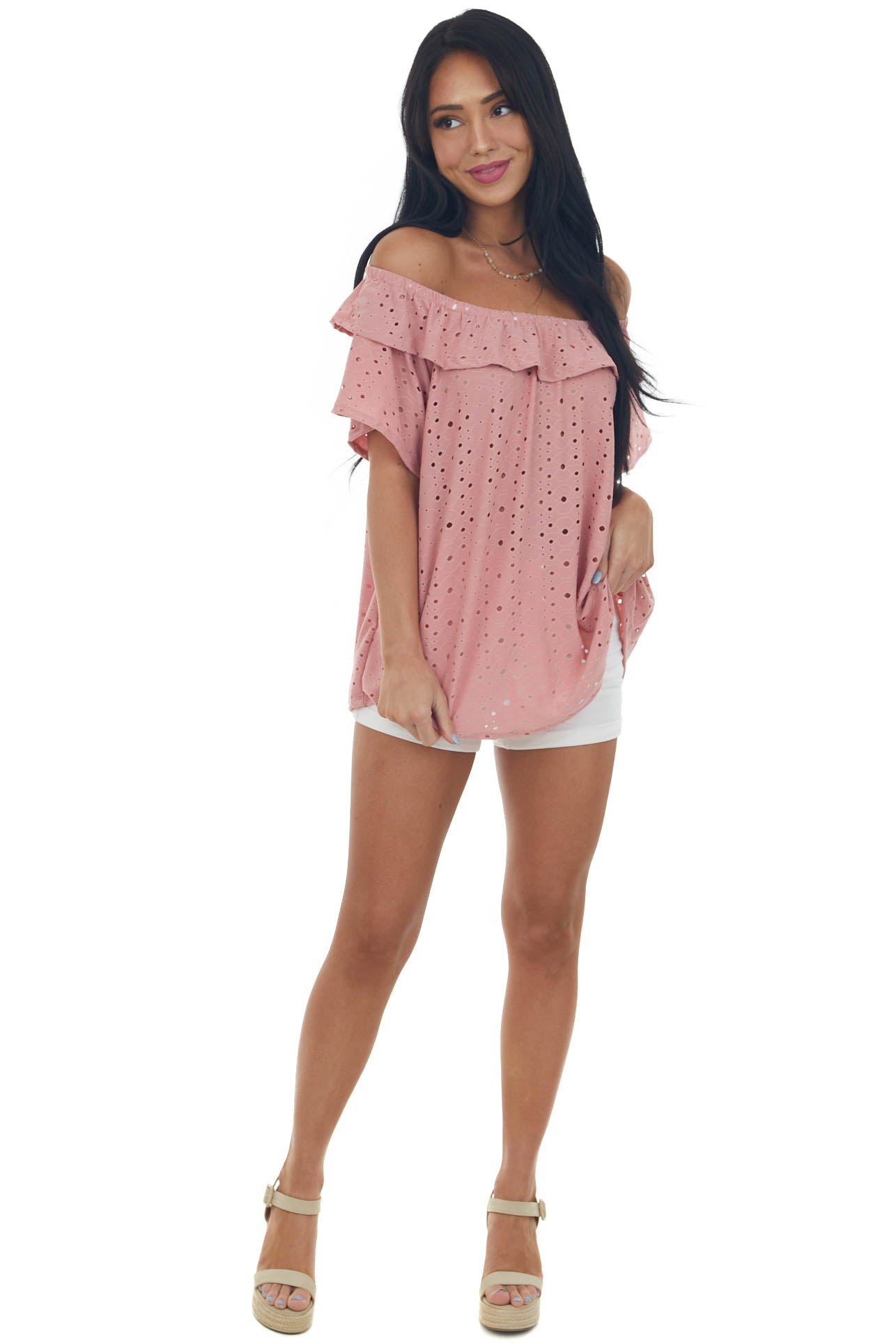 Punch Eyelet Off the Shoulder Flowy Knit Top