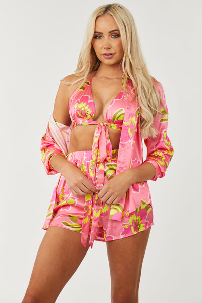Punch Floral Shirt with Bra and Shorts Set
