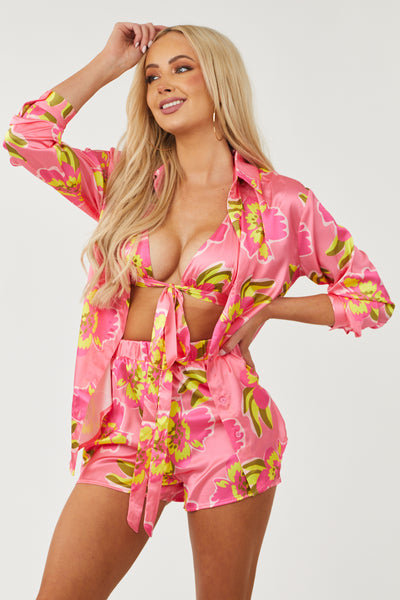 Punch Floral Shirt with Bra and Shorts Set