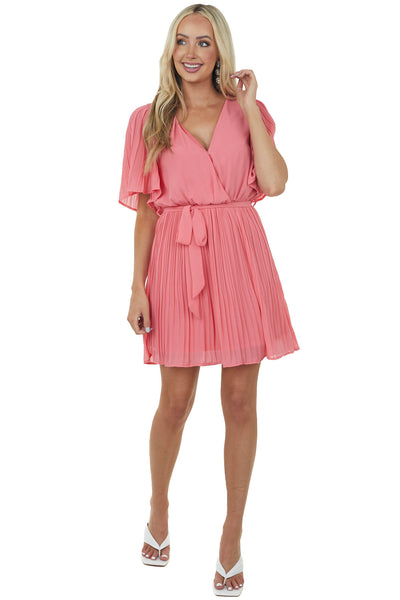 Punch Half Sleeve Pleated Surplice Mini Dress