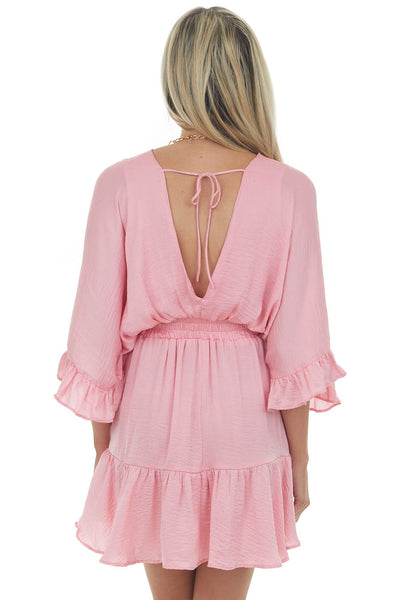 Punch Kimono Sleeve Ruffle Silky Mini Dress