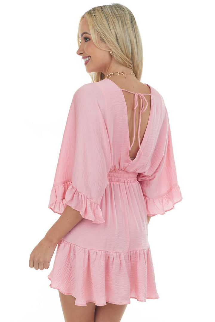 Punch Kimono Sleeve Ruffle Silky Mini Dress