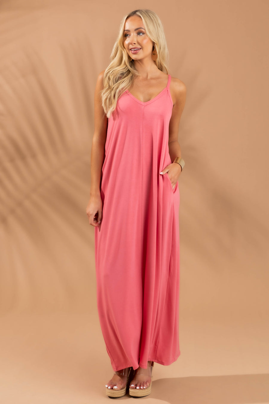 Punch Pink Sleeveless Knit Maxi Dress with Pockets