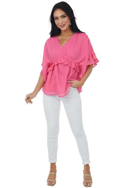 Punch Pink Wide Sleeve Chiffon Ruffled Blouse