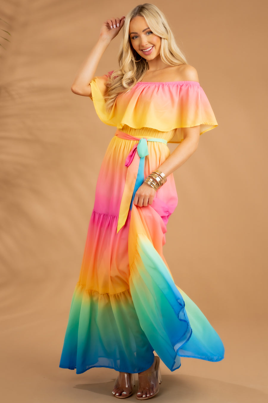 Rainbow Ombre Off the Shoulder Maxi Dress