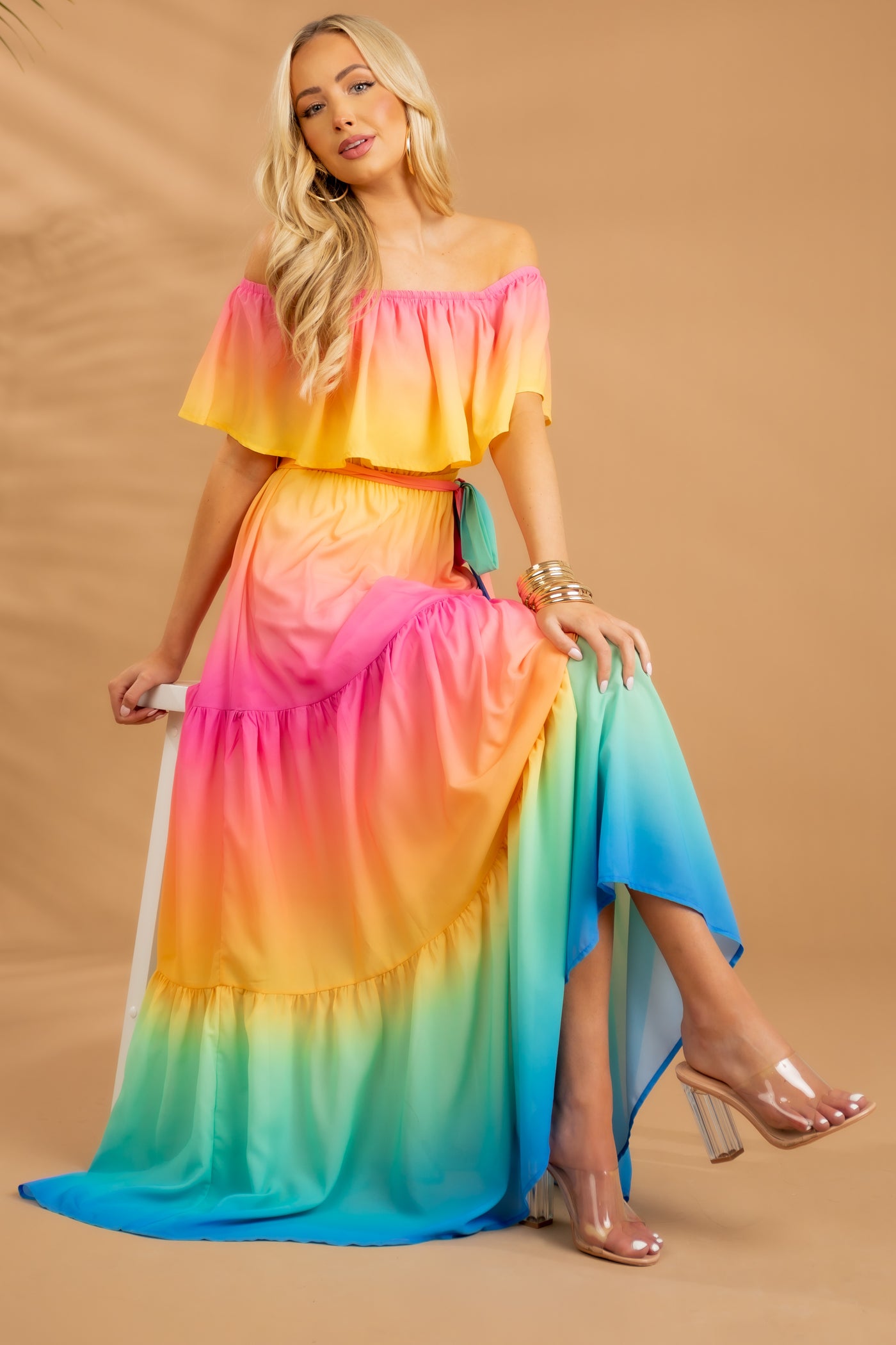 Rainbow Ombre Off the Shoulder Maxi Dress