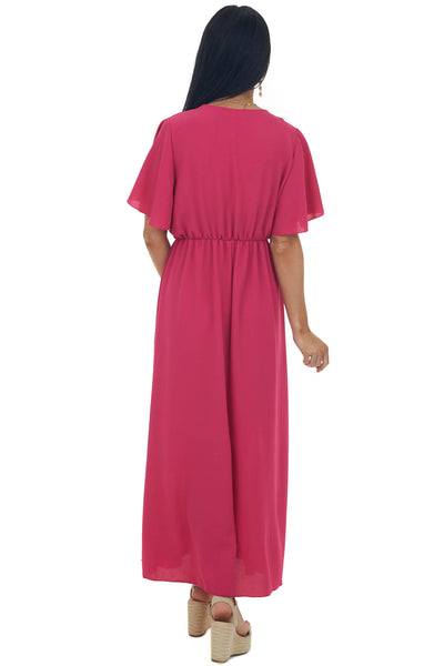 Raspberry Cinch Waist Flutter Sleeve Maxi Dress